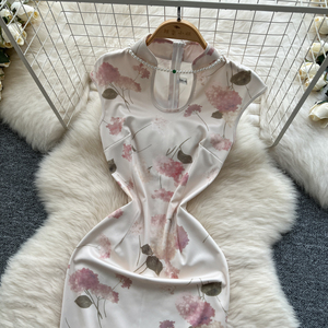 Abiti Midi Estivi da Donna in <span class=keywords><strong>Stile</strong></span> Cinese Vintage con Colletto Alto in Finta Perla, Maniche Corte e Vita Scolpita - Product Image 2
