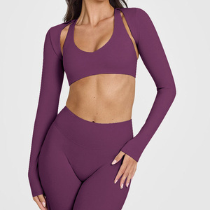 <strong>Women</strong> U Neck Gather Crop Sports Wear Bra <strong>Lightweight</strong> Long Sleeve Shawl High Stretch Yoga Top Quick Drying Tight Gym <strong>Jackets</strong> - Product Image 6