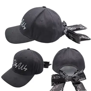 Tie bow lace back Satin/Silk lining lined fabric Customize flat embroidery Pure cotton pony Baseball Hats Caps for Women Ladies