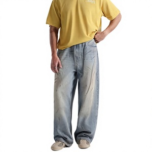 Jeans de Mezclilla Anchos para Hombre, Estilo Vintage, Color Azul Claro, Desgastados, Corte Holgado, Moda Casual Urbana, Jeans de Algodón - Product Image 1