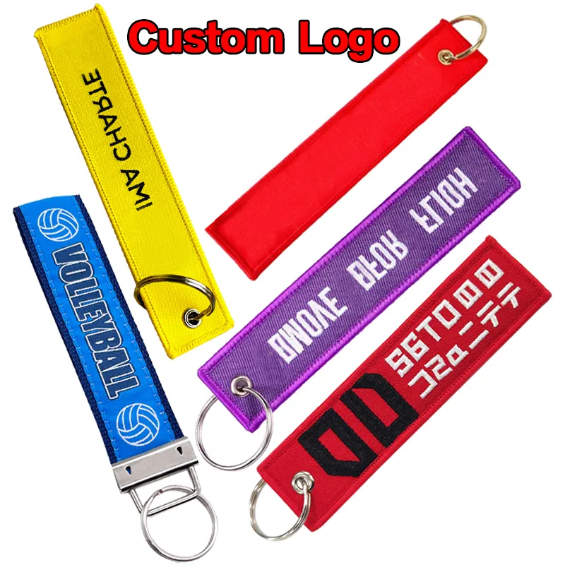 Personalized custom logo flight embroidery fabric style woven gift jet tag key chain name tag keychain