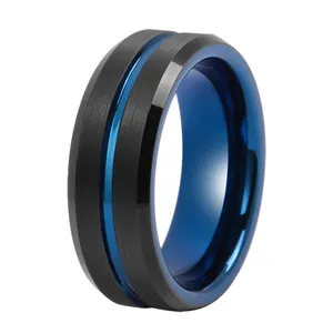 TIZTI Jewelry Men Ring 8mm Center Grooved Beveled Edges Comfort Fit Black Blue Tungsten Mens Wedding Bands