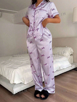Set piyama satin wanita kemeja lengan pendek motif pita celana pergelangan kaki pinggang elastis pakaian santai kasual