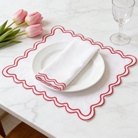 Set de table rond personnalisable en coton et lin, broderie festonnée rouge, lavable, pour mariage, fête, banquet, décoration de table