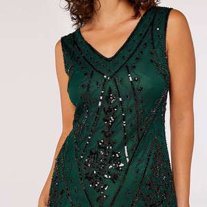 Robe mini à franges et sequins personnalisée, robe de danse élégante et scintillante, robe latine verte sans manches à sequins pour femmes - Product Image 3