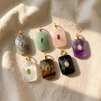 Pendentif rectangulaire en pierre naturelle avec incrustation de zircone ovale, grille à facettes, attache dorée, breloque multicolore en pierres précieuses pour la fabrication de bijoux et cadeaux