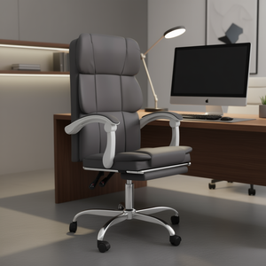Fauteuil de bureau inclinable réglable en cuir PU gris avec dossier capitonné et base chromée pour usage professionnel - Product Image 2
