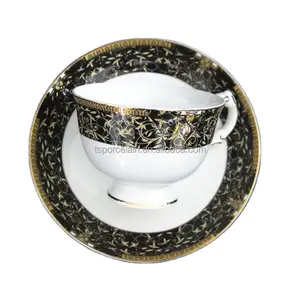 热卖礼品盒精美骨瓷茶杯茶碟黑金皇家设计独特造型陶瓷骨瓷茶杯套装