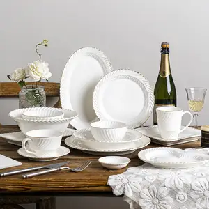 2024新しいテーブル食器デザイン磁器エンボスホワイトディナーセットボウルディッシュプレートディナーセット