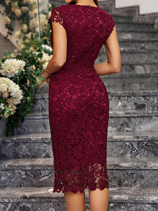 เดรสผู้หญิงแขนสั้นเซ็กซี่รัดรูปลูกไม้รัดรูปยาวถึงเข่าเอวสูงเดรสสีพื้นฤดูร้อน - Product Image 4