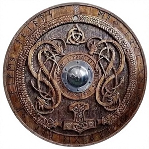 Escudo Vikingo de Metal Redondo Plateado, Decoración de Pared de Imitación Antigua, Nudos Celticos Tallados, Martillo de Thor, Yggdrasil, Decoración para el Hogar - Product Image 1