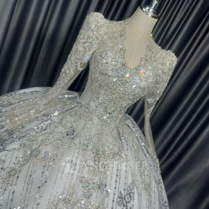 Lscm102 Elegant Sparkly Bridal Gown Illusion Crystal Beaded Full Skirt Tulle Ball Gown White <b>Wedding</b> Dress For Bride Jancember - Product Image 3