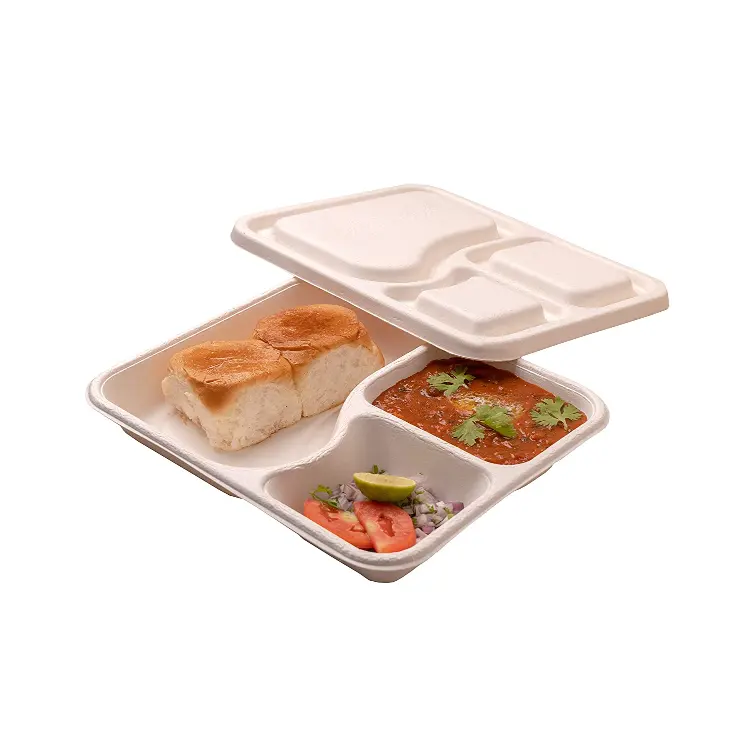 Bandejas biodegradables para comida, bandejas de Bento para Sushi, 3 compartimentos, multipiezas, desechables, de caña de azúcar, de caña de azúcar, para almuerzo