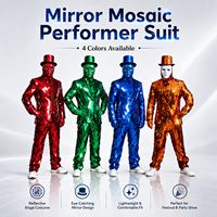 Traje de espejo facetado de dos piezas con sombrero y máscara para actuaciones en escenario, discoteca, fiestas, espectáculos, guantes y accesorios.