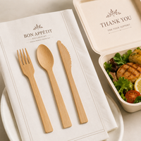 Ensemble de couverts jetables écologiques personnalisés avec logo imprimé, biodégradables et recyclables, cuillères, couteaux et fourchettes en bambou pour fêtes et restaurants