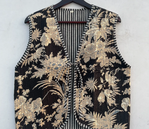 Handmade Cotton Waistcoat for <b>Women</b> Floral Printed Stripe Piping Comfortable Short Dori <b>Vest</b> Jacket <b>Knitted</b> Outer Wear Tassel - Product Image 1