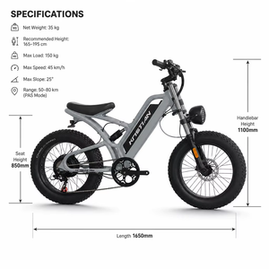Vélo électrique gris haute performance de la marque KRISTIAN, avec double <span class=keywords><strong>suspension</strong></span>, pneus larges 20x4.0 et cadre de type cyclomoteur. - Product Image 6