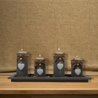 Lot de 4 bougeoirs en bois gris, style vintage, emballés, pour bougies chauffe-plat, décoration rustique pour la maison, centre de table, cadeau de mariage