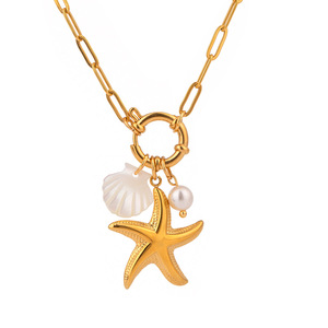 Starfish Pendant Necklace With Pearl And Shell Charms Stainless Steel Gold Tone Fashion Jewelry Gift For Women - Product Image 1