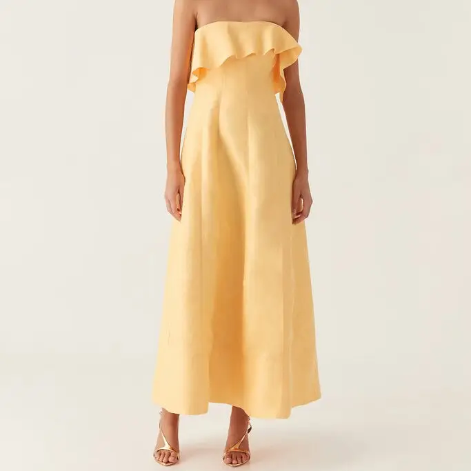 فستان كتان عالي الجودة للسيدات بلون أصفر وبأكمام طويلة من دون أكمام من أفضل المبيعات فستان من القطن للنساء