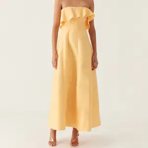 Vestido de linho sem mangas casual para mulheres, vestido de algodão de alta qualidade com babado amarelo, moda feminina mais vendido