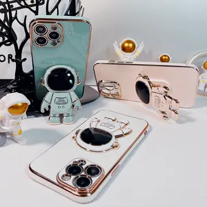3D Cute Astronauts Luxury Gold Side Plating Silicone Phone Stand Holder Phone Case Cover for iPhone 11 12 13 14 15 Pro Max Plus