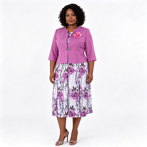 Ensemble robe et veste fleurie 2 pièces pour femmes grandes tailles, élégant, mi-long, imprimé, vêtements grande taille - Product Image 2