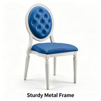 Chaise de salle à manger capitonnée à boutons, dossier rond, cadre blanc, en similicuir bleu, style Louis français, pour restaurant et mariage