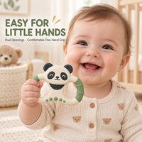 Anneau de dentition pour bébé en silicone Panda, motif visage mignon, poignée double boucle, texture bambou, qualité alimentaire, sans couture, prise en main facile, jouet de dentition, vente en gros OEM