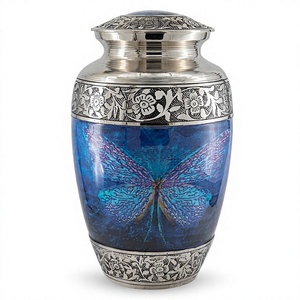 Blue Butterfly Metal Urn with Floral Embellishment Handmade Contemporary <b>Decorative</b> <b>Vase</b> for Sympathy Occasion - Product Image 6