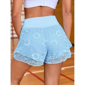 Fisoew Athletic Shorts Women High Waisted Lace Workout Gym Yoga 2 In 1 With Pockets Blue Floral Pattern Fitted Short - Product Image 5