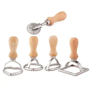 Making Italian Dumplings Mold Wooden Handle Ravioli Stamp Maker Cutter with Roller Wheel Set 5 PCS