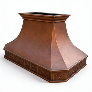 Maßgefertigte Handgehämmerte Kupfer-Dunstabzugshaube im Traditionellen Europäischen Villenstil mit Geprägtem Schürzenmuster Einsatzbereit für Inselinstallation - Product Image 2