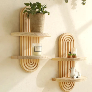 Étagère <span class=keywords><strong>murale</strong></span> en bois à 2 niveaux Boho Étagères murales géométriques en bois naturel Décoration intérieure moderne <span class=keywords><strong>Plante</strong></span> décorative - Product Image 1