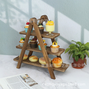 Bandeja de servir de madera de tres niveles, 3 pisos para exhibir alimentos, uso en cocina y hotel - Product Image 1