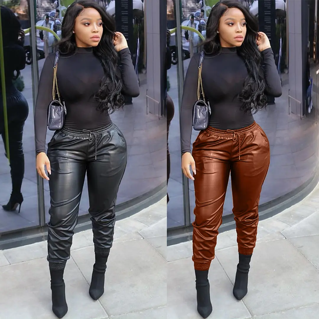 cl6100 New arrivals elastic waist leather pants for women fitness fashionable plus size pants streetwear trouser women