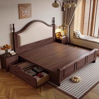 Amerikanisches Retro-Massivholzbett mit Gepolstertem Französischem Stil Doppelbett Echtes Leder Weiche Rückenlehne Vintage-Stil Bett