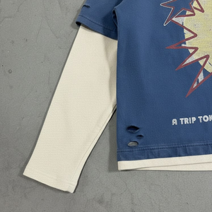 T-shirt da uomo oversize a maniche lunghe in waffle a doppio strato, con grafica personalizzata in strass, lavaggio acido effetto <span class=keywords><strong>stone</strong></span>, distressed e strappato, stile streetwear - Product Image 3