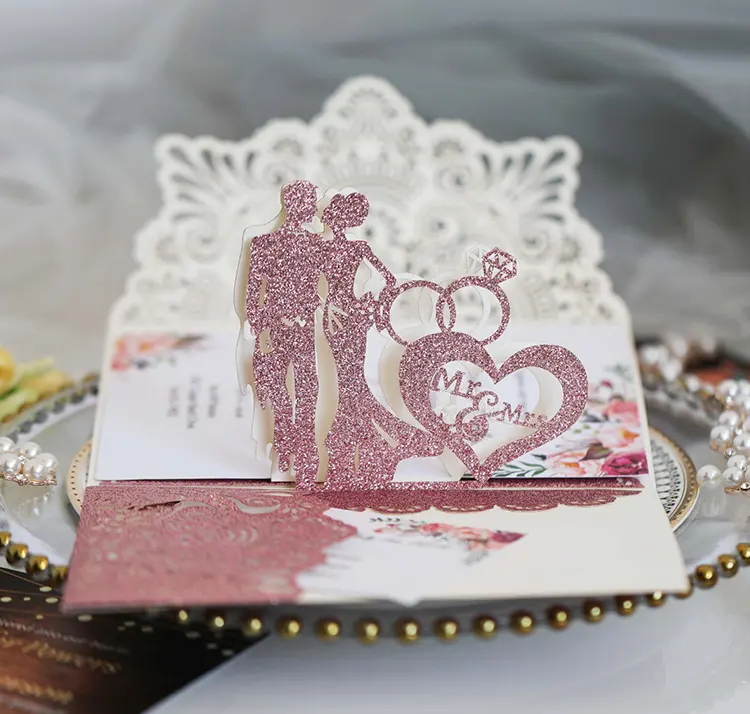 Aegean Gift Faire Part Mariage Invitation 100pcs 3d Bride And Groom Glitter Red Wedding Luxury Pop Up Cards Invitation