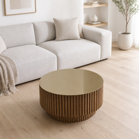 Table basse ronde en bois cannelé à 2 niveaux avec base tambour côtelée et plateau lisse pour salon et mobilier de maison