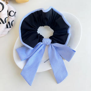 Hete Verkoop Geplooide Strik Haar Stropdassen Voor Meisjes Vrij Groot Scrunchies Blauw Streep Bedrukt Lint Strik Stof Haarband Accessoire - Product Image 4