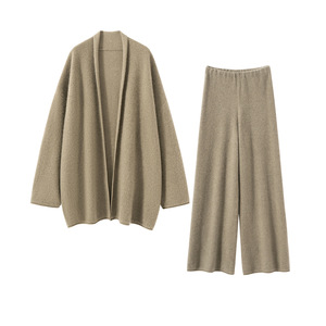 WS13 <strong>Women's</strong> Solid Cashmere Suit Set Slimming Knit Sweater Cardigan Casual Pants Wide-leg Loungewear Set Breathable - Product Image 1