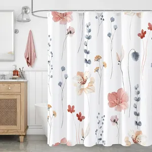 Cortina de ducha impermeable blanca con flores amarillas florales y grises para baño, decoración exterior de la casa, 12 ganchos