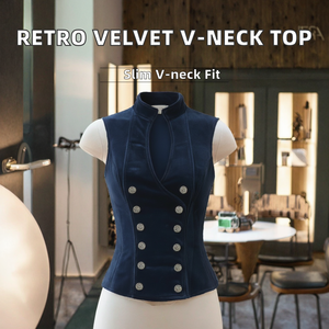 Top de Mujer Retro de Terciopelo con Doble Abotonadura, Tejido, Ecológico, sin Mangas, Cuello en V, Corte Ajustado, para Primavera/Verano - Product Image 2