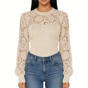 Women's Elegant Lace <b>Patchwork</b> Lantern Sleeve Knit Top Fitted Crew Neck Blouse for Office <b>Shirt</b> Fashion - Product Image 1