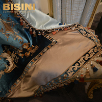 Magnifique rideau occultant de style rococo italien, bleu floqué, pour fenêtre française, décoré de broderies, rideau à tringle romaine