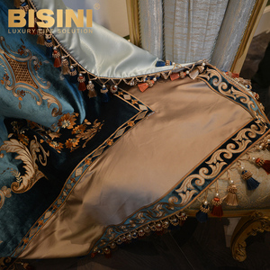 Magnifique rideau occultant de style rococo italien, bleu floqué, pour fenêtre française, décoré de broderies, rideau à tringle romaine - Product Image 4