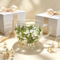 Mug en verre à double paroi avec fleurs séchées naturelles vertes, tasse à café ou à thé isolée en borosilicate résistant à la chaleur avec poignée