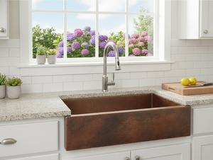 Fregadero de Cocina Premium de Cobre Sólido Estilo Rústico con Delantal Frontal, Hecho a Mano con Superficie Martillada, Tazón Profundo, Diseño Vintage - Product Image 2