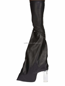 Bottes en cuir véritable FW25 Runway, au-dessus du genou, talon transparent de 12 cm, cuir extensible, chaussette serrée, cuir noir, bottes Taco Kiss - Product Image 3